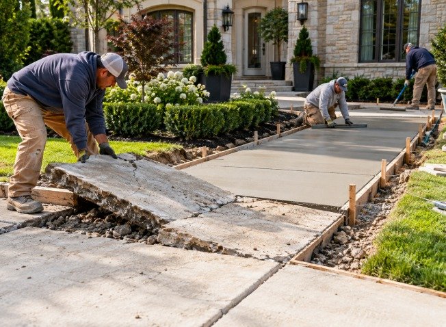 Worker lifting out a broken sidewalk panel beside a newly poured walkway