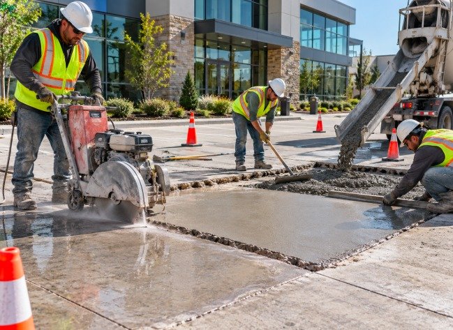 Crew saw cutting and replacing a damaged section of commercial concrete in a parking area