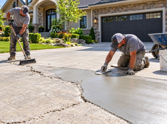 Crew patching a cracked concrete driveway in front of a home