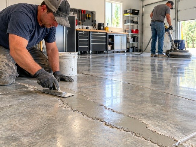 Technician filling a long crack in a garage concrete floor with a trowel
