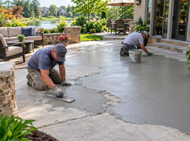 Workers applying a new resurfacing layer over a worn concrete patio