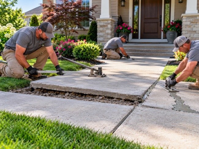 Crew leveling and realigning an uneven concrete walkway slab