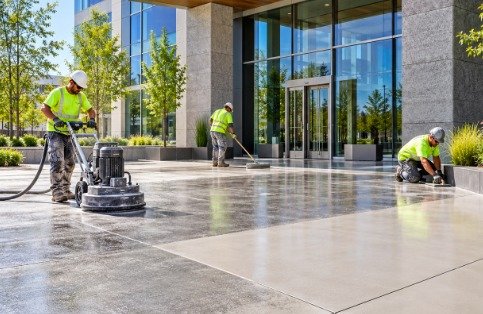 Crew grinding and restoring a large commercial concrete plaza outside an office building