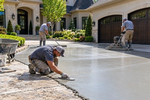 LA Max Concrete crew finishing a residential driveway