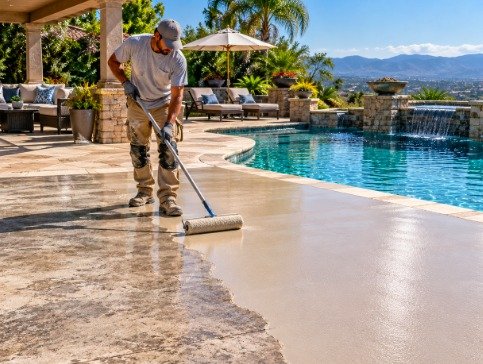 Worker rolling a new resurfacing layer over a worn pool deck