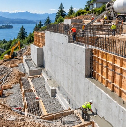 Crew forming and pouring a tall reinforced concrete retaining wall on a hillside