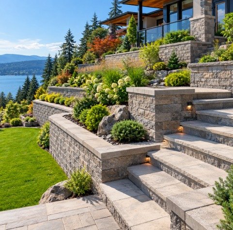 Terraced decorative retaining walls with caps, steps, and lighting on a hillside yard