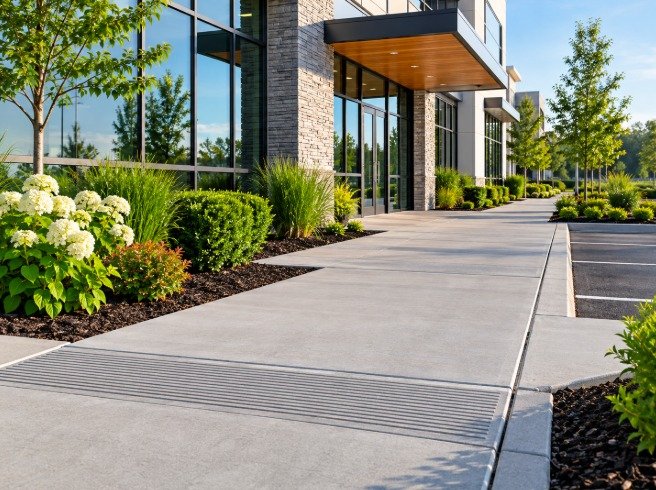 Wide commercial concrete sidewalk along a modern office building