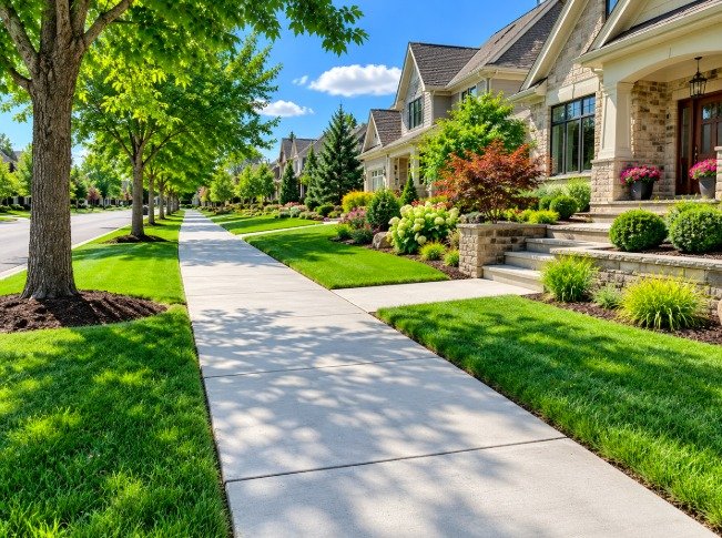 Tree-lined residential concrete sidewalk with a walkway to a front door