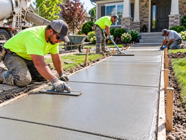 Crew finishing a newly poured concrete sidewalk leading to a house