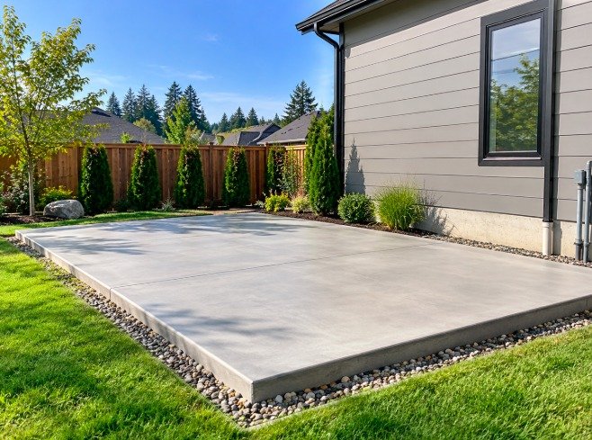 Residential concrete slab beside a house with a gravel border