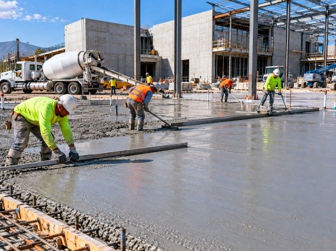 Crew screeding a large concrete slab pour at a commercial site
