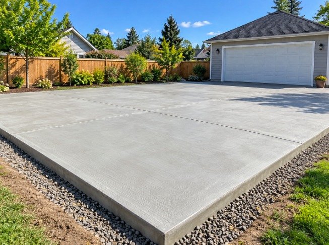 New concrete slab in front of a detached two-car garage