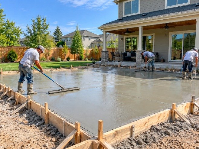 Crew leveling a freshly poured residential concrete slab inside wood forms
