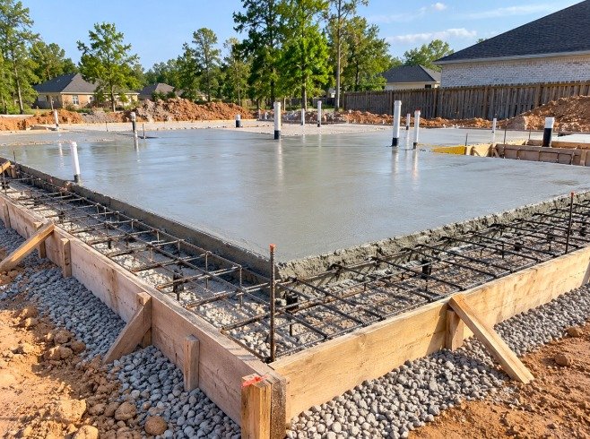 Rebar grid inside wood forms next to a freshly poured reinforced slab