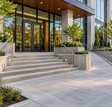 Commercial building entrance with wide concrete stairs, handrails, and an accessible ramp