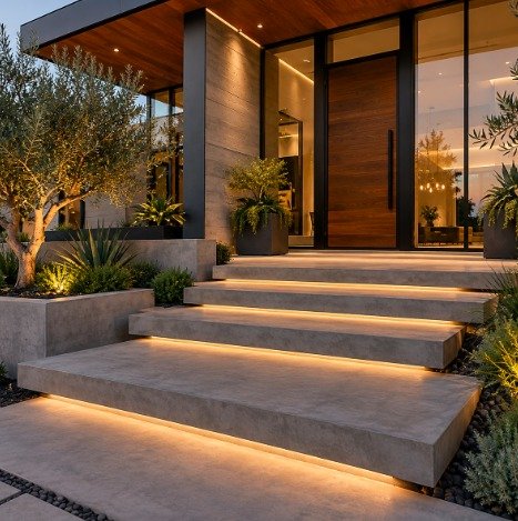Modern floating concrete steps with under-tread lighting at a front entry
