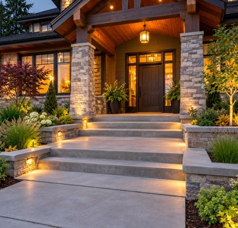 Lit concrete front entry steps and landing leading to a stone-column porch