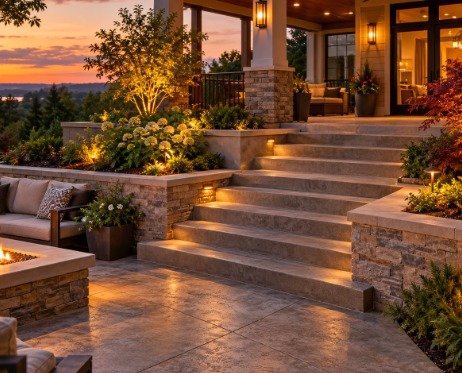 Stamped and colored concrete steps and patio lit at sunset