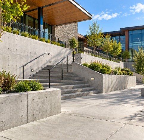 Board-formed concrete site walls and stairs with handrails at a modern commercial building