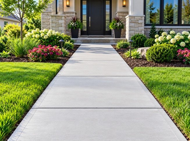 Straight concrete front entry walkway leading to a front door