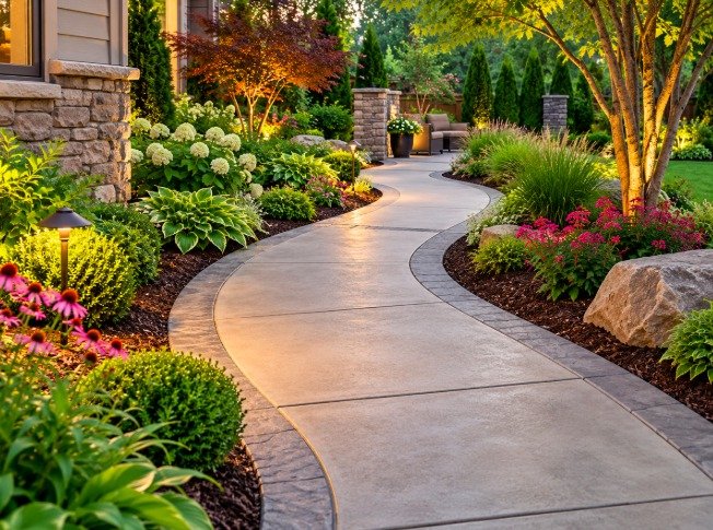 Curved concrete garden path with a decorative border through landscaped beds